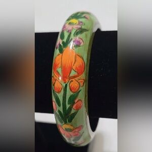 Vintage Floral Hand Painted Wooden Bangle Bracelet Bohemian